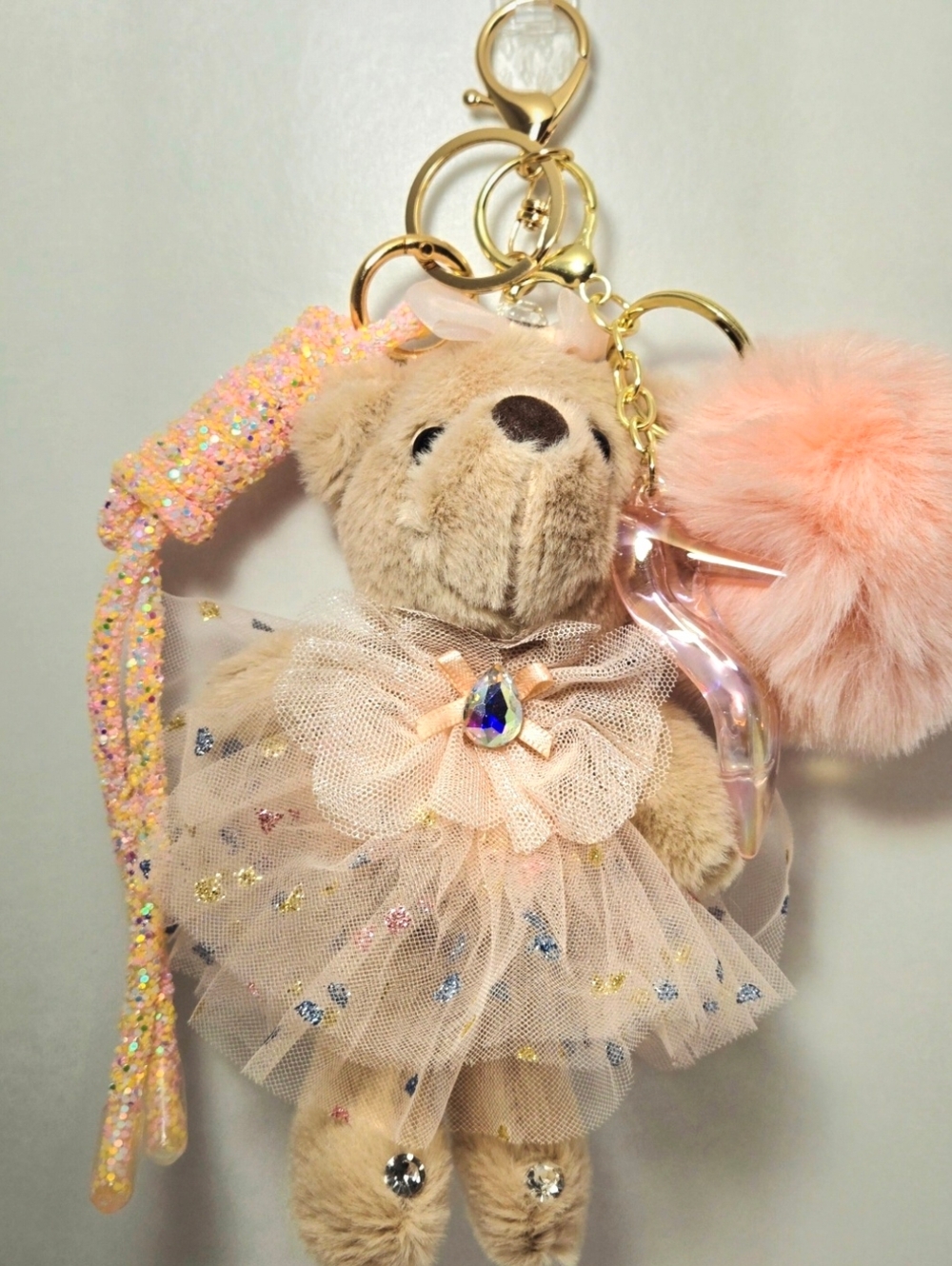 Plush Bear Keychain with Peach Tulle Dress & Pom & Heel Charms